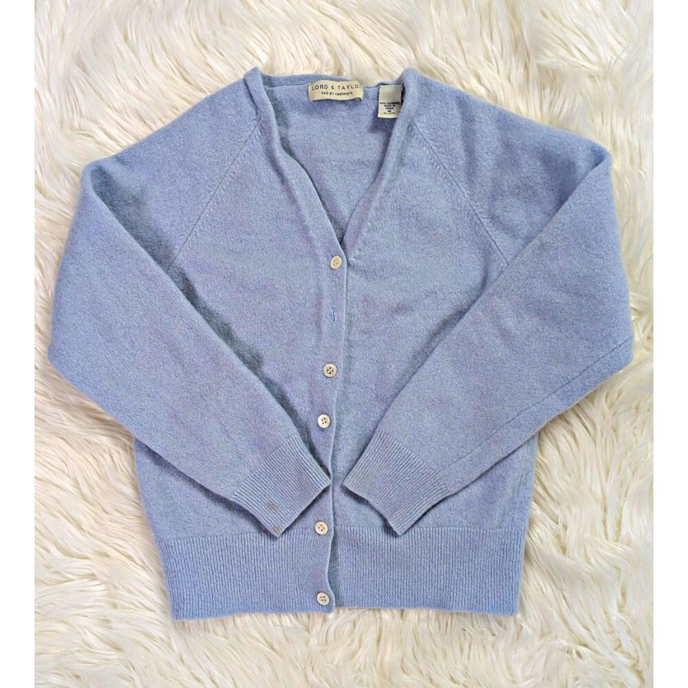 Lord & Taylor Women’s Medium 100% Cashmere Blue V-Neck Button Front Cardigan
